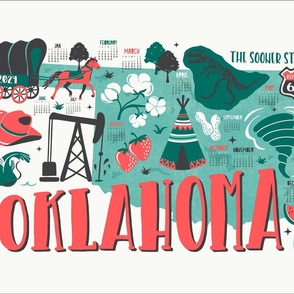 2024 Calendar Oklahoma Illustrated Map Tea Towel and Wall Hanging