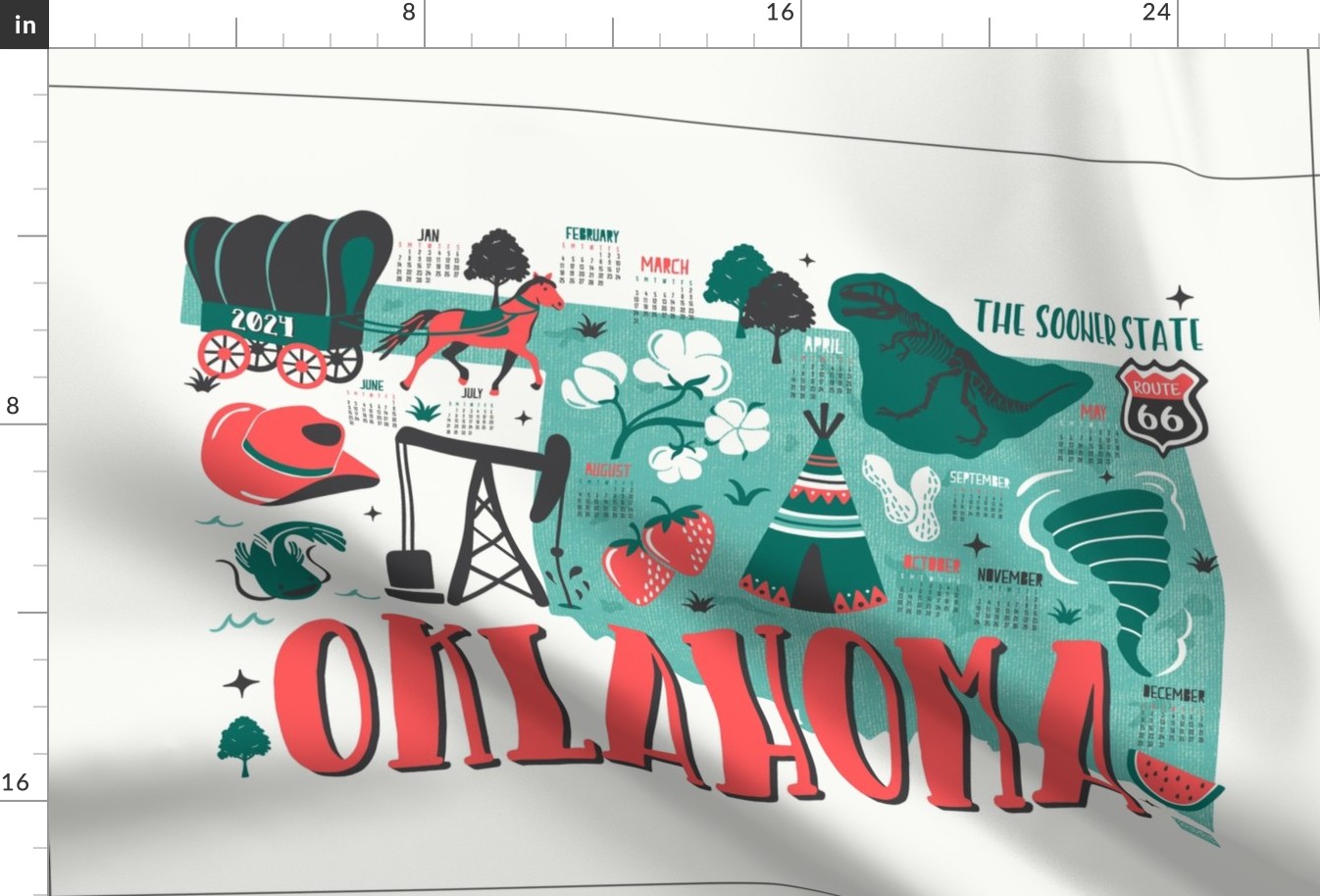 2024 Calendar Oklahoma Illustrated Map Tea Towel and Wall Hanging