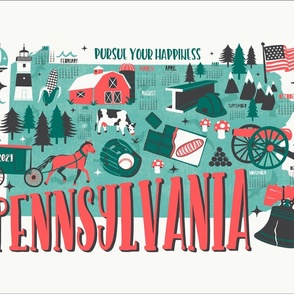 2024 Calendar Pennsylvania Illustrated Map Tea Towel and Wall Hanging