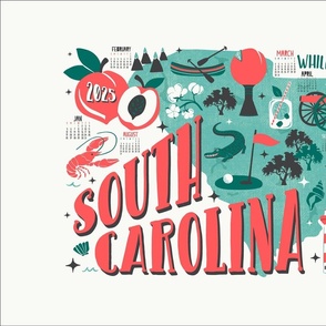 2024 Calendar South Carolina Illustrated Map Tea Towel and Wall Hanging