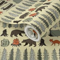 camping // khaki campsite campfire trees woodland bear fox kids outdoors illustration for boys room