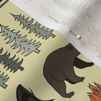 camping // khaki campsite campfire trees woodland bear fox kids outdoors illustration for boys room