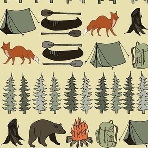 camping // khaki campsite campfire trees woodland bear fox kids outdoors illustration for boys room