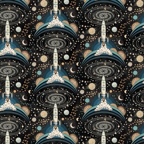 Space Exploration - retro style rocket ship/ space ship and space colony with planets - medium (12 inch W)