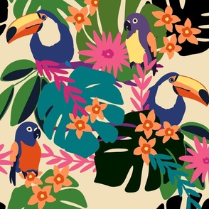 Tropical Birds - Flowers - Large Scale