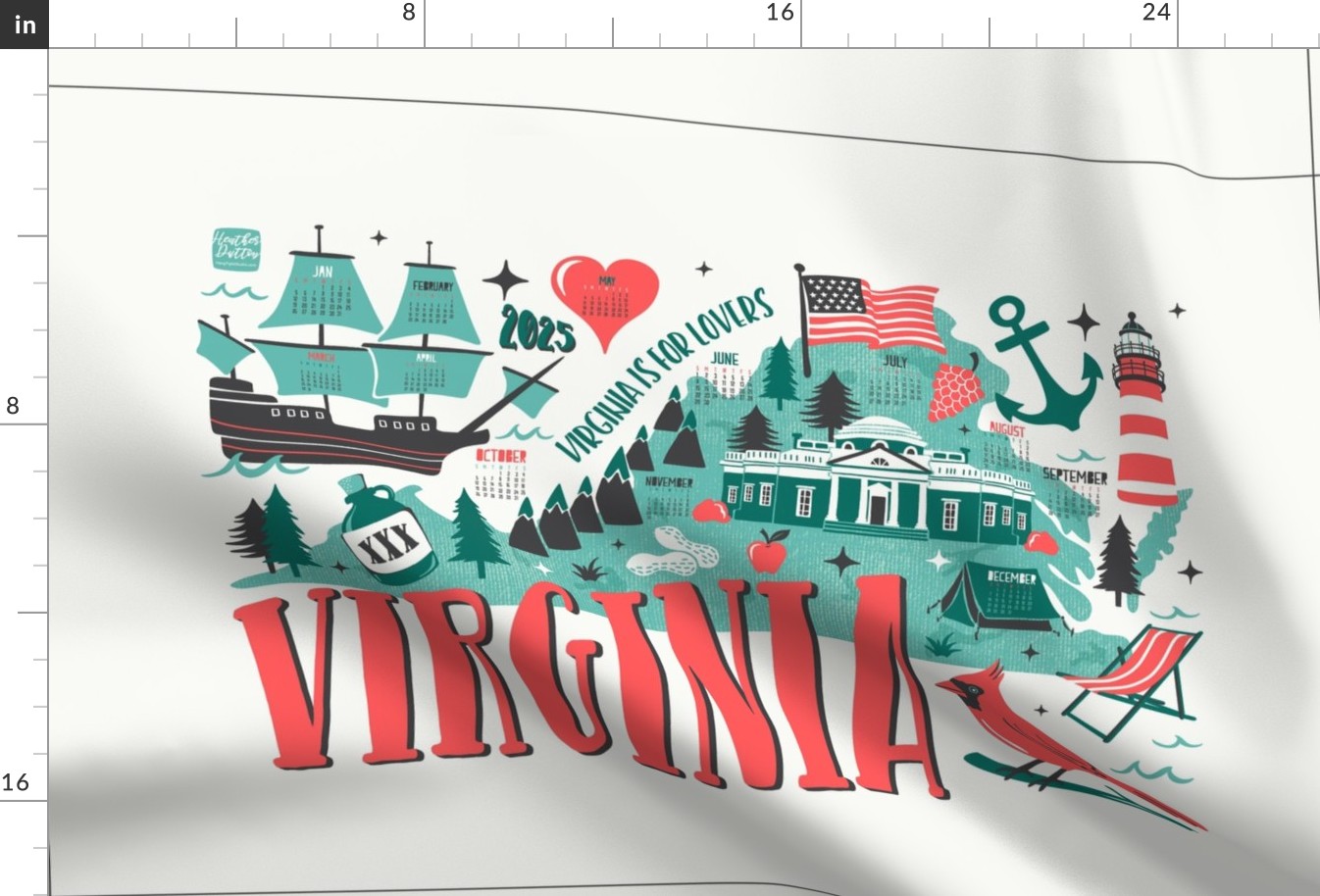 2024 Calendar Virginia Illustrated Map Tea Towel and Wall Hanging