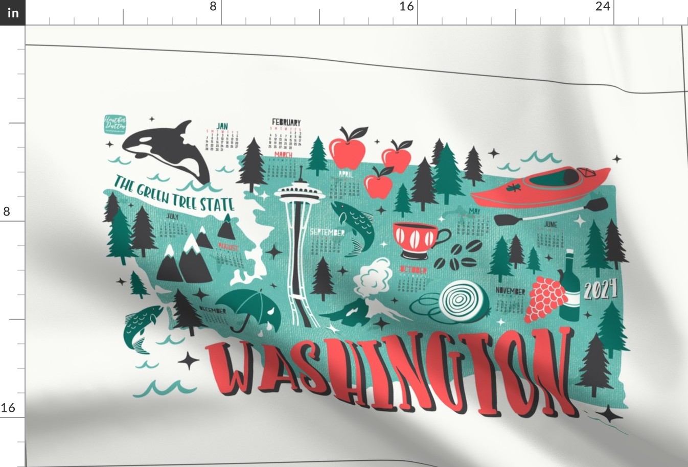 2023 Calendar Washington Illustrated Map Tea Towel And Wall Hanging 