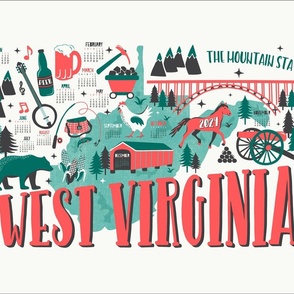 2024 Calendar West Virginia Illustrated Map Tea Towel and Wall Hanging