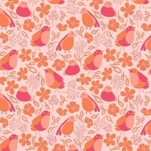 Small - Orange and pink birds and flowers pattern design