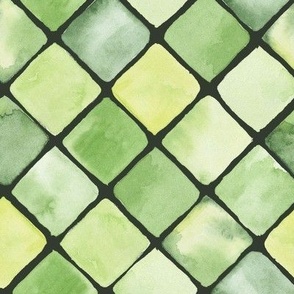 Green rhombuses, squares. Watercolor geometric abstraction.