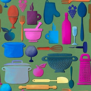 Kitchen utensils green linen background 