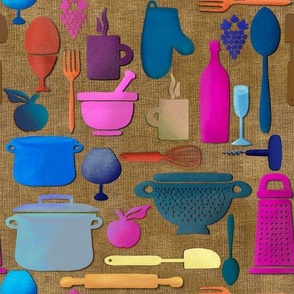 Kitchen utensils hessian background