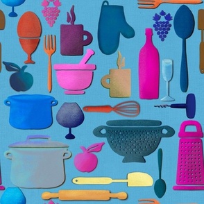 Kitchen utensils pale blue linen background