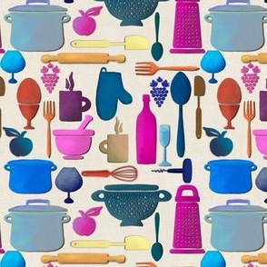 Kitchen utensils cream linen background