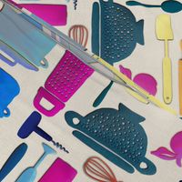 Kitchen Utensils whisk, fork, bowl, pan, pestle mortar, kitchen implements on cream linen 12” repeat