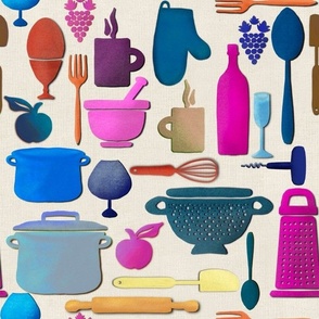 Kitchen Utensils whisk, fork, bowl, pan, pestle mortar, kitchen implements on cream linen 12” repeat