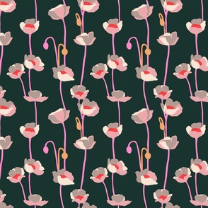 Poppies - pink, white red and gray on dark green - small