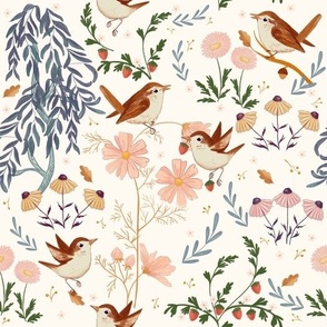 Strawberry Thief Wren And Willow Repeat Pattern Wildflowers Whimsical Cream Background 
