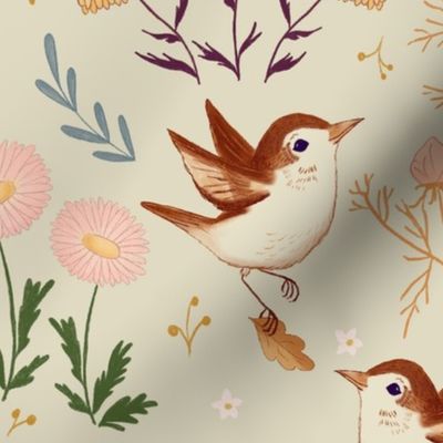 Birding Strawberry Thief Willow and Wren Wildflowers Green Background 