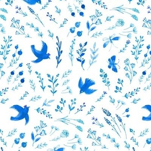 Blue birds, blue flowers