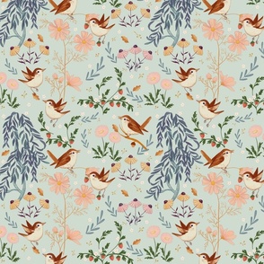 Birding Strawberry Thief Willow And Wren Wildflower Repeat Pattern Blue Background 