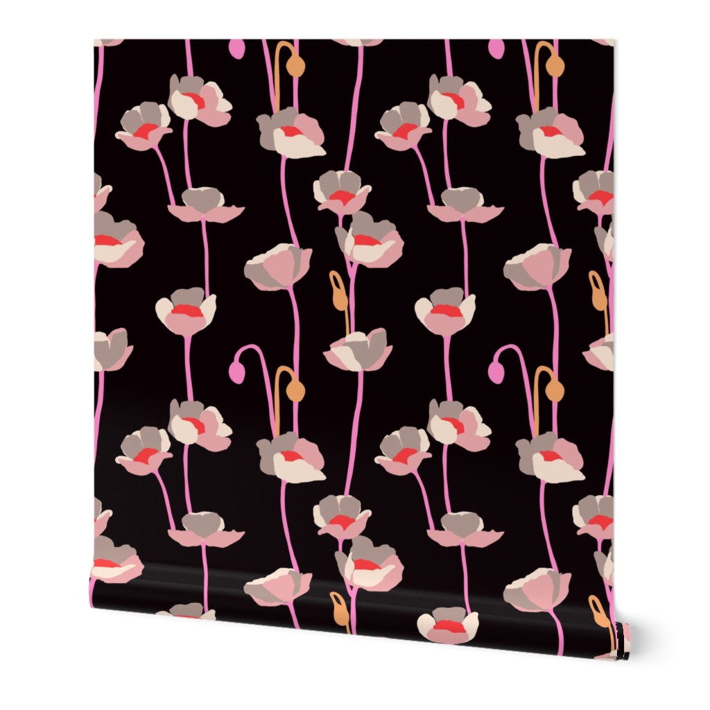 Otherworldly poppies - pink, white, red and gray on black - medium