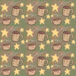 Cozy Cafe Coffee Mugs and Stars on Moss Green