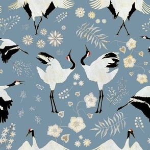 Crane Birds Family with Blue Tones