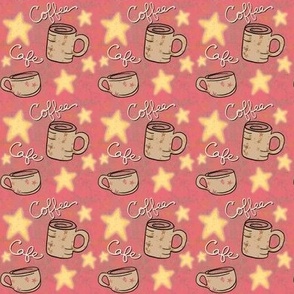 Cozy Cafe Coffee Mugs and Stars on Watermelon Pink