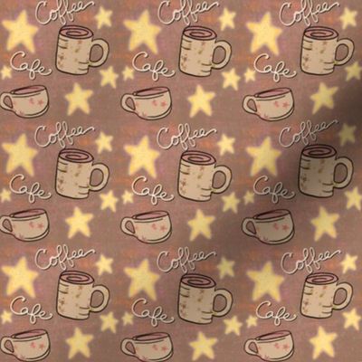 Cozy Cafe Coffee Mugs and Stars on Mocha Brown