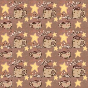 Cozy Cafe Coffee Mugs and Stars on Mocha Brown