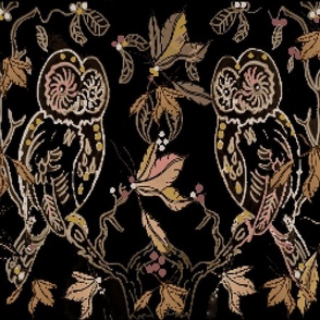 The Hooting at Witching Hour Print -  © 2022 Vanessa Peutherer - Mysterious Midnight Autumn Woodland Embroidery Effect/ Etched Style Owl Bird Listening, Watching - Wallpaper, Bedding,  Hand Drawn - On Black - Large Scale