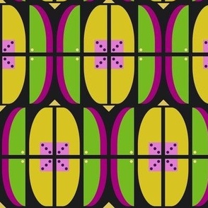 large Japanese stripes, Dark lilac, green and yellow on a black background