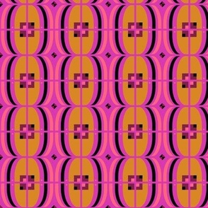 Bright Japanese striped, Mustard, black and hot pink on a light purple background