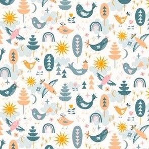 Whimsical Birds, Feathered Friends with trees, sun, clouds in pastels teal, grey, yellow, beige, orange, pink for babies, kids // Small