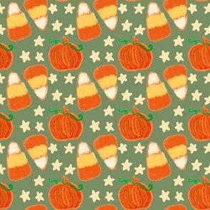 Painted Pumpkins Candy Corn and Stars on Moss Green