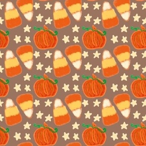 Painted Pumpkins Candy Corn and Stars on Mocha Brown
