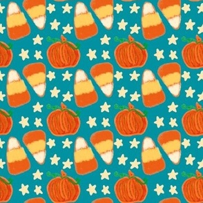 Painted Pumpkins Candy Corn and Stars on Lagoon Teal