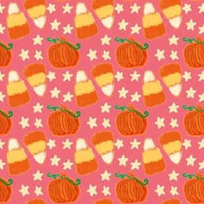 Painted Pumpkins Candy Corn and Stars on Watermelon Pink