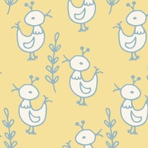307 - large scale  adorable teal yellow and white naïve folk style chickens or ducklings and hand drawn branches and leaves - for cute kids apparel, kids party shirts, baby accessories, nursery décor, and bed linen.