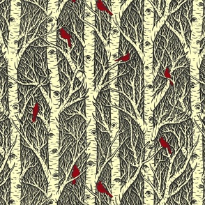 Cardinals & Birches  // large scale // yellow & grey // 16"