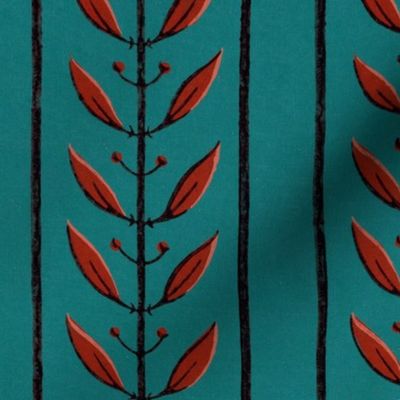 VINTAGE HAND-PAINTED VINES - RED AND TEAL WITH FABRIC TEXTURE