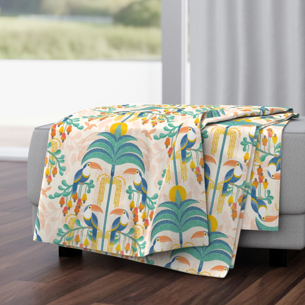 Toucans in the Rainforest- Wild and Glamorous Bohemian  Pastel Orange Tropical Forest- Birds and Palm Trees Damask Wallpaper