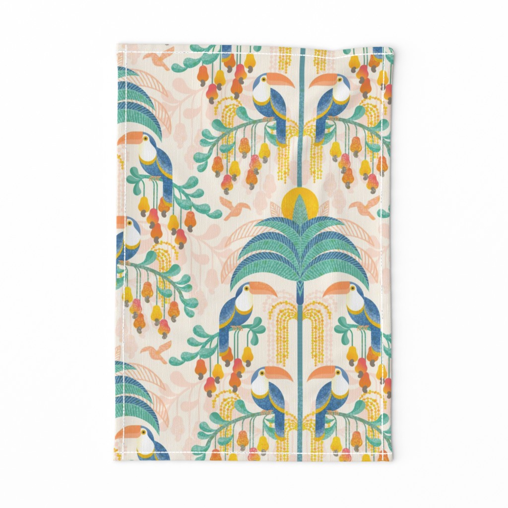 Toucans in the Rainforest- Wild and Glamorous Bohemian  Pastel Orange Tropical Forest- Birds and Palm Trees Damask Wallpaper