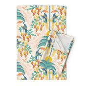 Toucans in the Rainforest- Wild and Glamorous Bohemian  Pastel Orange Tropical Forest- Birds and Palm Trees Damask Wallpaper