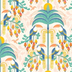 Toucans in the Rainforest- Wild and Glamorous Bohemian  Pastel Orange Tropical Forest- Birds and Palm Trees Damask Wallpaper