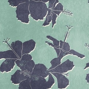 tropical hibiscus block print - aqua and denim blue