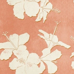 tropical hibiscus block print - peach cream and gold