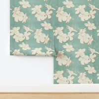 tropical hibiscus block print - aqua cream and gold