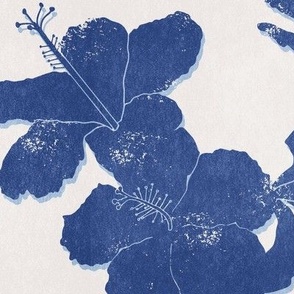 tropical hibiscus block print - off white and blue